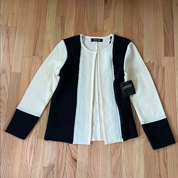 Kasper Sweaters - Kasper Open Front Colorblock Cardigan Womens Medium Black White Wool Old Money